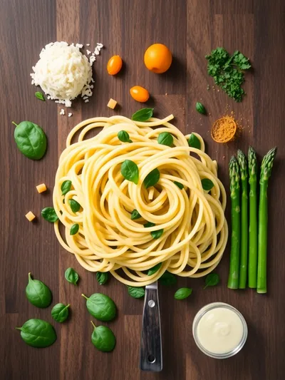 Fettuccine with Spinach and Asparagus - ingredients preparation