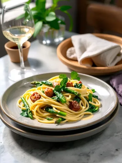 Fettuccine with Spinach and Asparagus - ready to serve