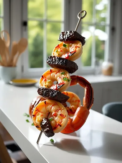 Grilled Steak and Shrimp Skewers with Garlic Butter