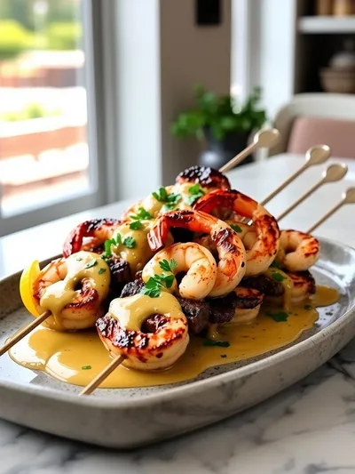 Grilled Steak and Shrimp Skewers with Garlic Butter - ready to serve