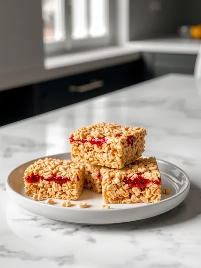 Peanut Butter & Jelly Rice Krispie Treats - ready to serve