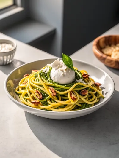 Pistachio Pesto Pasta with Burrata - ready to serve