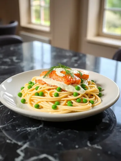Smoked Salmon Pasta With Cream Sauce And Peas - ready to serve