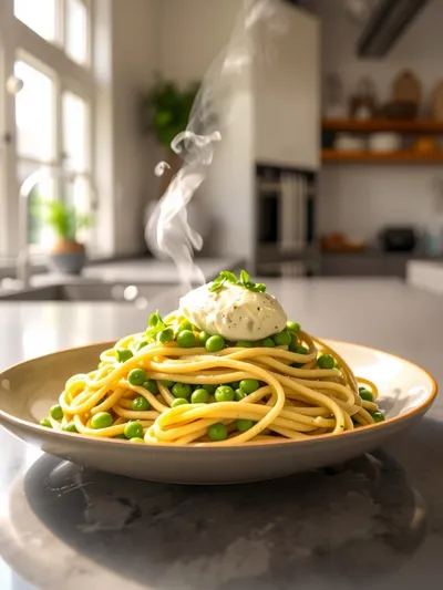 Spring Pasta with Leek & Pea Sauce with Fresh Burrata