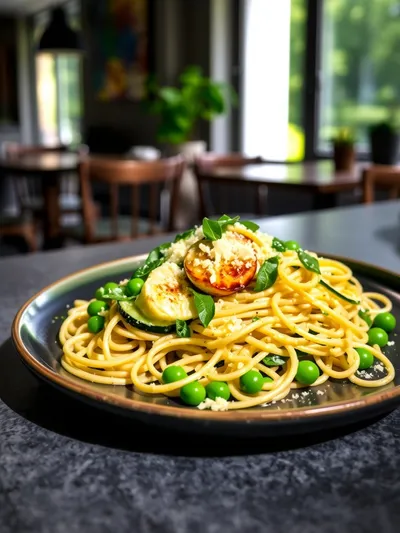 Zucchini Ricotta Summer Pasta With Peas - ready to serve